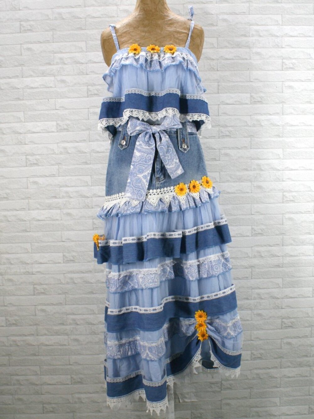 HAND CRAFTED Upcycled Skirt Set Denim Jean Lace Paisley Floral Maxi Blue Medium